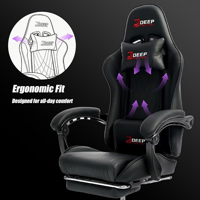 Gaming Chair with Footrest, Ergonomic Game Chair with Lumbar Support and Linkage Armrest, Reclining Computer Chair Height Adjustable for Home Office (1001-Black)