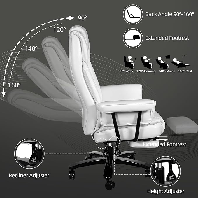 Reclining Office Chair with Footrest, Big and Tall Home Office Desk Chairs 400lbs with High Back, Criss Cross Wide Seat, Heavy Duty Base, Pu Leather, White