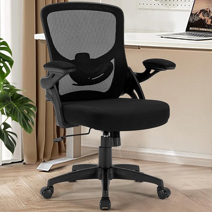 Office Chair, Ergonomic Desk Chair with Adjustable Lumbar Support Breathable Mesh Computer Chair with Flip-up Armrests, Comfy Mid Back Rolling Swivel Executive Chair for Home Office, Black