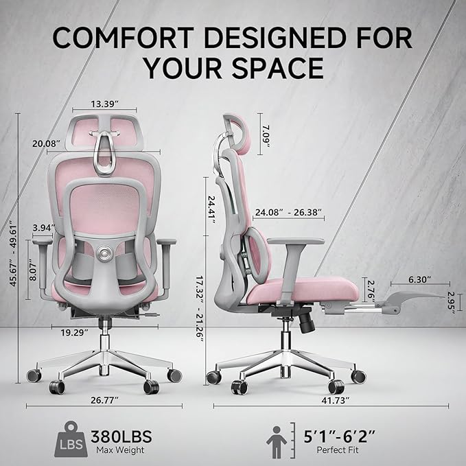 Ergonomic Office Chair with Footrest, 4D Armrests & Dynamic Lumbar Support, High Back Mesh Desk Chair with Adjustable Headrest, Reclining Computer Chair 380lbs for Long Hours (Pink)