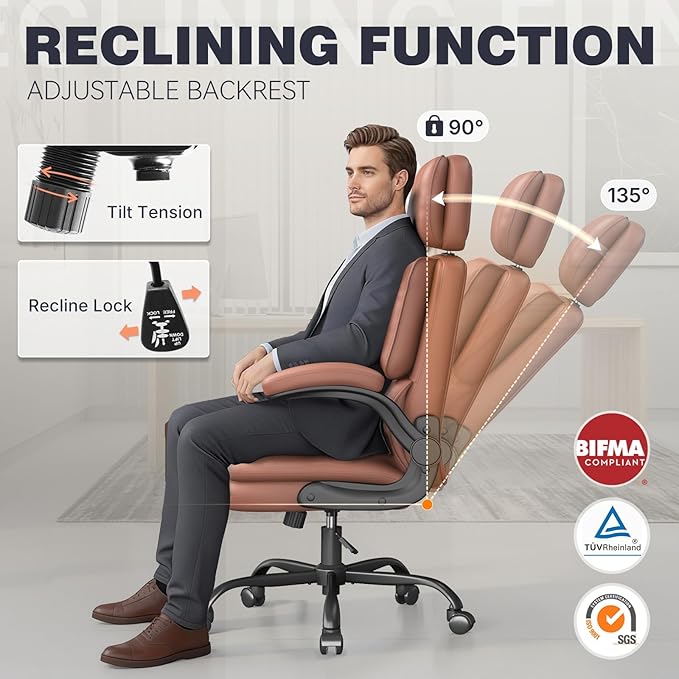 Executive Office Ergonomic Chair, Computer Chair with Adjustable Headrest,PU Leather Desk Chair,High-Back Swivel Task Chair for Home Office with Flip-Up Padded Armrests, 135°Reclining,Brown