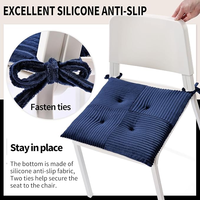 Office Stacking Chair Cushion with Ties, Corduroy High Density Foam Non-Slip Kitchen Seat Cushion, Square 17" x 17" Indoor Dining Chair Pads, Navy Blue, 1 PCS
