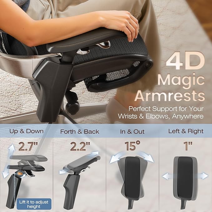 GABRYLLY Ergonomic Office Chair, Home Mesh Desk Chair with Sync Lumbar Support & Sliding Seat, 4D Arm, 150° Recline, Adjustable Back,Big & Tall Computer Chair-Footrest,Aluminum Base, Black, FLOW550