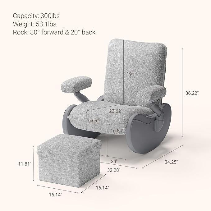 MAMAZING Lullabud Nursery Rocking Chair Glider with Ottoman for Breastfeeding, Upholstered Nursing Chair with Removable Cover, Reading Chair for Bedroom, Living Room(Grey/Grey)