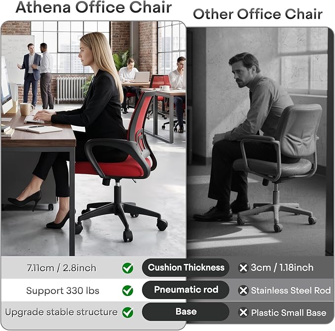 Athena Collection Office Chair - 330Lbs, Breathable Mesh Desk Chair Thickness Cushion with Lumbar Support & Armrest, Rolling Swivel Adjustable Tilt Lock for Home Office/Gaming, Bedroom Study
