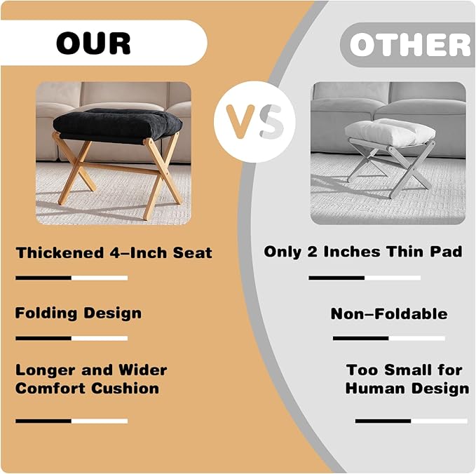 Baveke Ottoman Foot Rest- Bamboo Foldable Stool, Foot Stools Small Ottman with Upholstered & X Legs, Folding Stool for Makeup, Bedroom and Living Room (Black)
