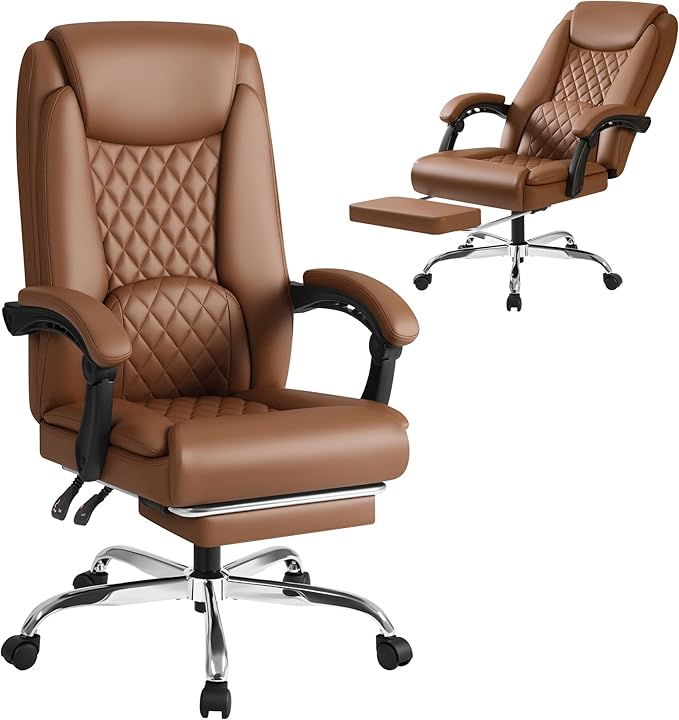 Shahoo Big and Tall Office Chair Height Adjustable Faux Leather Chair with Footrest and Lumbar Support, Ergonomic High Back Computer Chair with 360° Swivel Wheels Task Chairs for Office Home, Brown