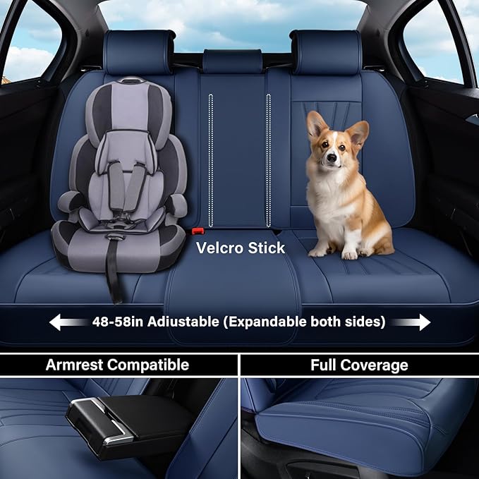 Coverado Car Seat Covers Full Set, 5 Piece Car Seat Protector with Lumbar Support & Removable Headrest, Breathable Leather Front Rear Seat Cushion Universal Fit for Truck Automotive Blue