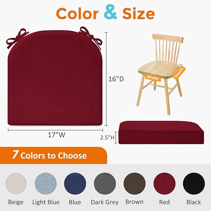 downluxe Chair Cushions for Dining Chairs, Memory Foam Linen Kitchen Chair Pads with Ties, Waterproof, Stain-Resistant and Washable Cover, 17" x 16" x 2.5", Red, 2 Pack