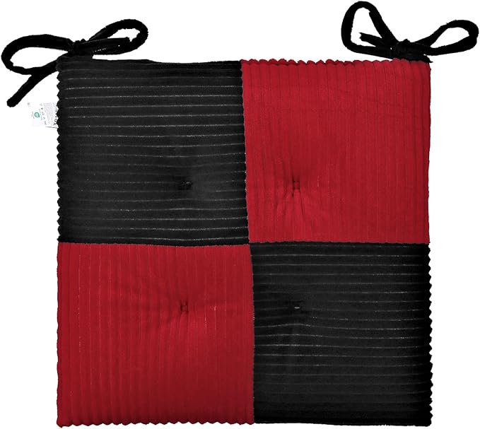 Office Stacking Chair Cushion with Ties, Corduroy High Density Foam Non-Slip Kitchen Seat Cushion, Square 17" x 17" Indoor Dining Chair Pads, Black+ Red, 1 PCS