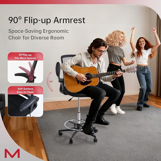 Mesh Drafting Chair, Tall Office Chair with Lumbar Support, Ergonomic Desk Chair with Flip up Armrests, Standing Desk Chair with Adjustable Footrest Ring, Breathable Back, Black