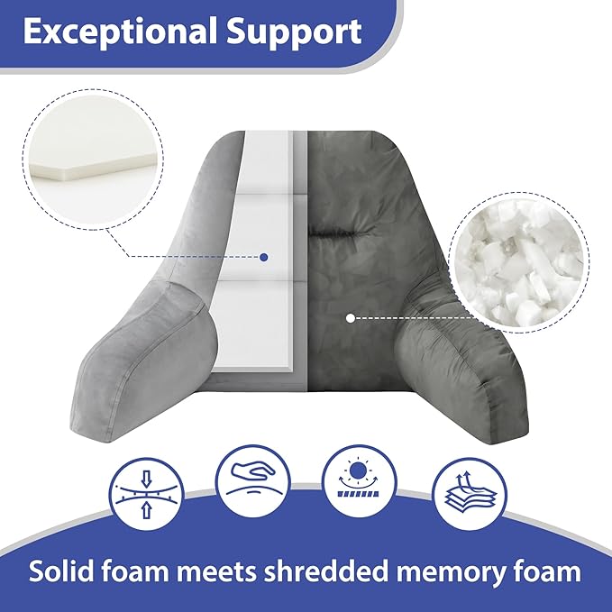 IASEAHK Reading Pillows for Sitting in Bed Adult, Back Pillow for Bed Sitting Up, Backrest Pillows with Shredded Foam for Adult&Teens, Support Pillow with Arms for Beds, Couch, Floor, 18in, Grey