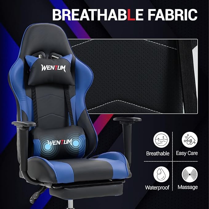 Gaming Chair with Footrest, Ergonomic PC Desk Chair with Headrest and Massage Lumbar Support, Video Game Chair with Height Adjustable High Back for Home Office, PU Leather, Blue