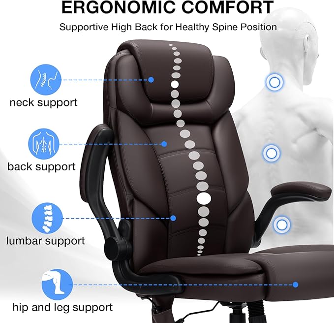 450lbs Executive Office Chair with Inflatable Lumbar Support, Heavy Duty Office Chair for Heavy People, Big and Tall Ergonomic Comfy Chair with Flip-Up Armrests, Breathable PU Leather (Brown)
