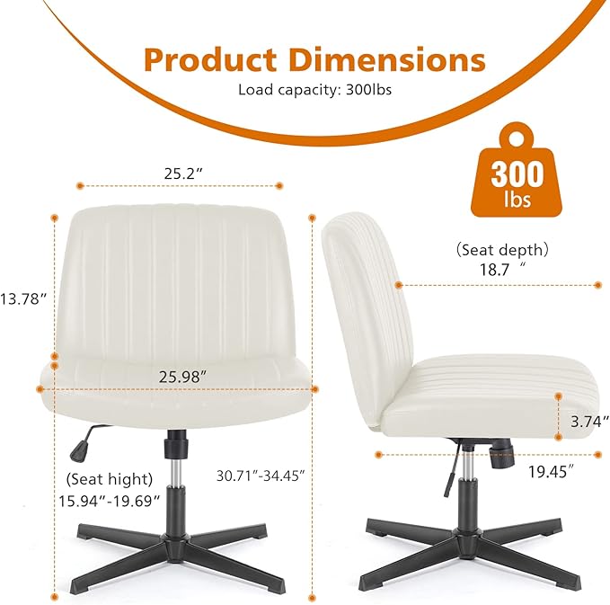 Sweetcrispy Criss Cross Chair Legged, PU Leather Armless Office Swivel Desk Chairs No Wheels, Vanity Height Adjustable Wide Seat Faux Leather Computer Task Chair for Home Bedroom, PU-Beige