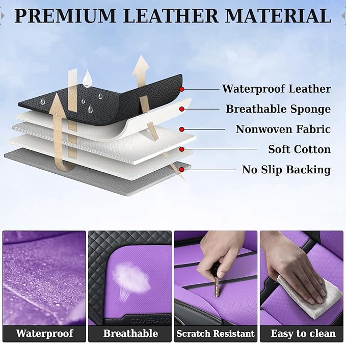 Coverado Car Seat Covers Front Seats, 2 Piece Car Seat Protector with Removable Headrest, Nappa Leather Breathable Front Side All Wrapped Universal Fit Truck Automotive Most Cars Purple