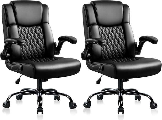 OFIKA Leather Office Desk Chair,Ergonomic Office Chair with Lumbar Support,Computer Chair,Executive Leather Chair with Padded Flip-up Arm,Adjustable Armrests, Black,275LBS,2 Pack