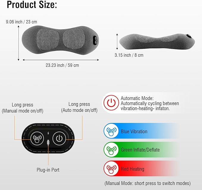 3-in-1 Electric Lumbar Support Pillow with Heat & Massage, Ergonomic Memory Foam Lower Back Massager for Pain Relief Deep Tissue, Smart Air Lift Technology, Ideal for Car/Bed/Sleeping/Office Chair