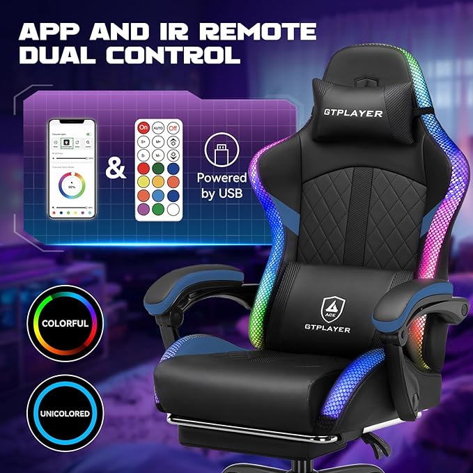 GTPLAYER RGB Gaming Chair with Speakers - LED Computer Game Chair for Adults, PC Home Office Chairs with Footrest & Lights, Reclining Desk Chairs, Dark Blue