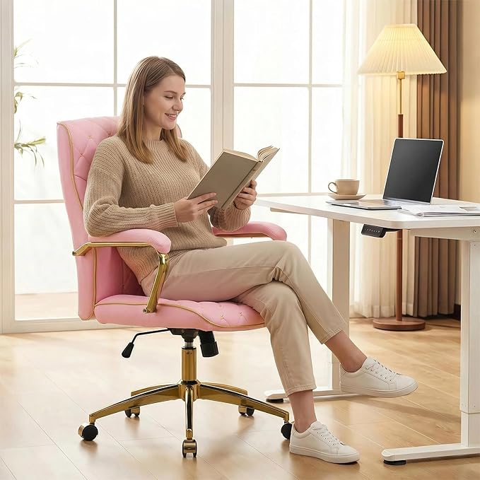 Furniliving Pink and Gold Office Chair, Leather Office Chairs, Adjustable Vanity Chair with Golden Legs and Padded Armrest, Modern Upholstered Computer Chair with Wheels,Pink