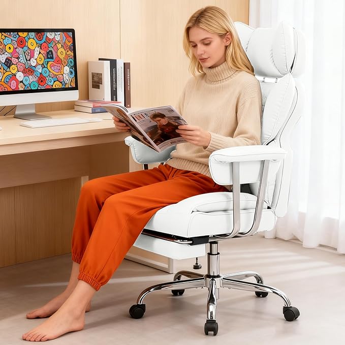 DUMOS Big and Tall Office Chair 350 LBS, Scratch-Resistant PU Leather Executive Office Desk Chair with Footrest, Ergonomic Reclining Computer Chair with Pocket Spring Support for Home Office, White