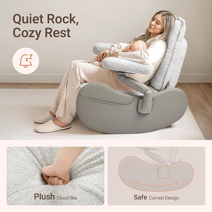 MAMAZING Lullabud Nursery Rocking Chair Glider with Adjustable Armrests for Breastfeeding, Upholstered Nursing Chair with Removable Cover for Mom and Baby(Light Grey/Light Grey)