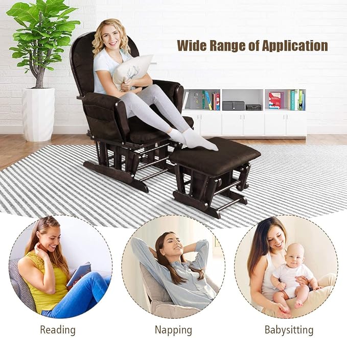 Costzon Nursery Glider with Ottoman, Upholstered Comfort Glider Rocker with Padded Cushion, Storage Pocket, Solid Wood Base, Rocking Chair Nursery for Breastfeeding, Napping (Brown)