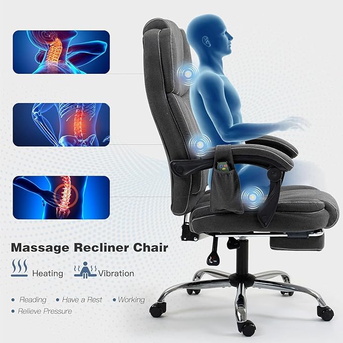 ECOTOUGE Massage Office Chair with Footrest, Ergonomic Adjustable Reclining Executive Home Desk Chair w/ 6 Vibration Points & Heat, Dark Grey