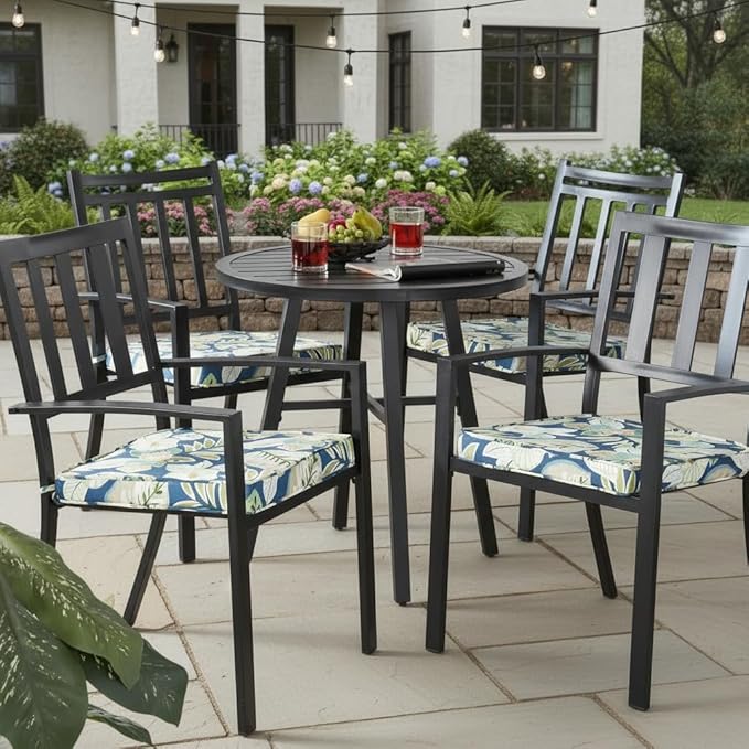 Outdoor 18 inch Square Patio Dining Chair Pads – Comfortable Fiber-Filled Seat Cushions with Ties, Reversible Polyester Fabric - Marlow Blue Floral, Set of 4