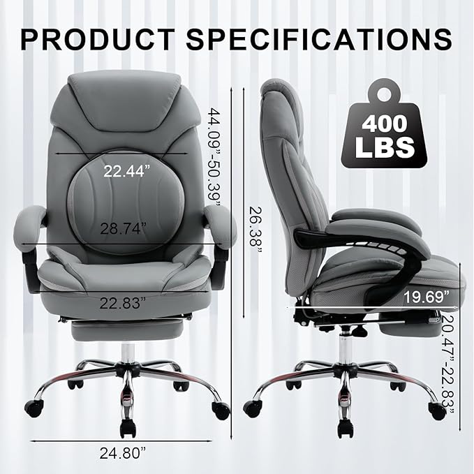 400lbs Ergonomic Reclining Office Desk Chairs with Footrest Back Support High Back Wide Seat Napping Recliner Executive Office Chairs PU Leather Big Tall Managerial Chairs (Grey)