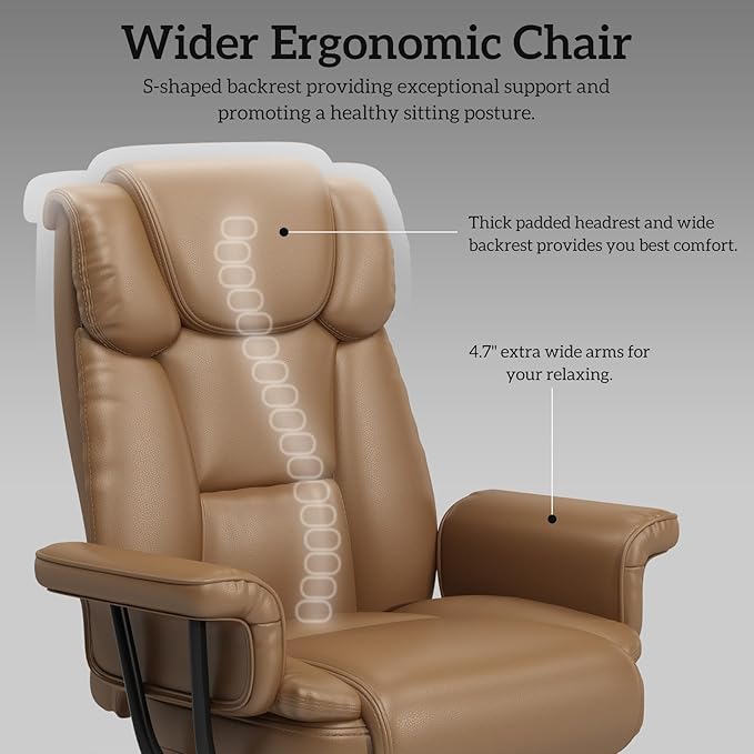 GYI 160° Reclining Office Chair with Footrest, Big and Tall High Back Home Office Chair, Leather Computer Desk Chair with Cross Legged Seat, Arms, Wheels, Brown