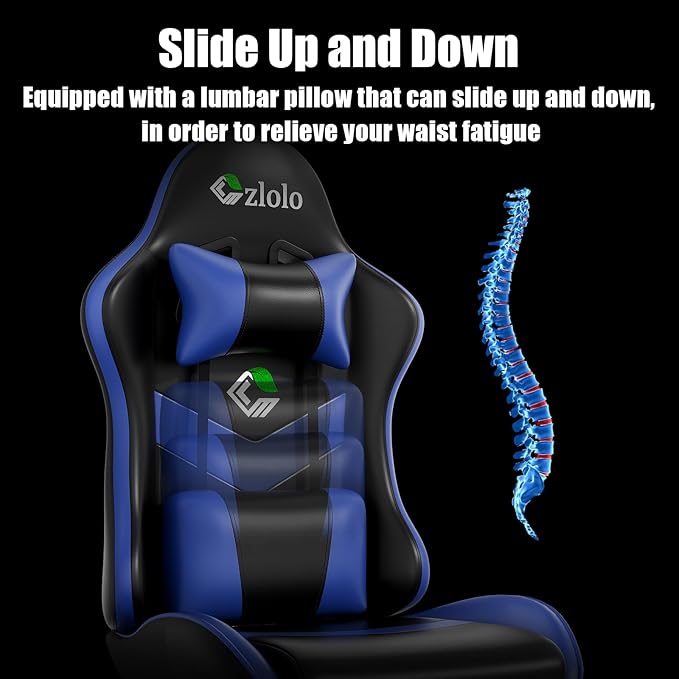 Czlolo Gaming Chair with Footrest Racing Style Lumbar Support Massager Video Game Chair with Metal Legs, High Back Gamer Chair with Headrest, 360° Swivel Office Computer Desk Chair, Bright Blue