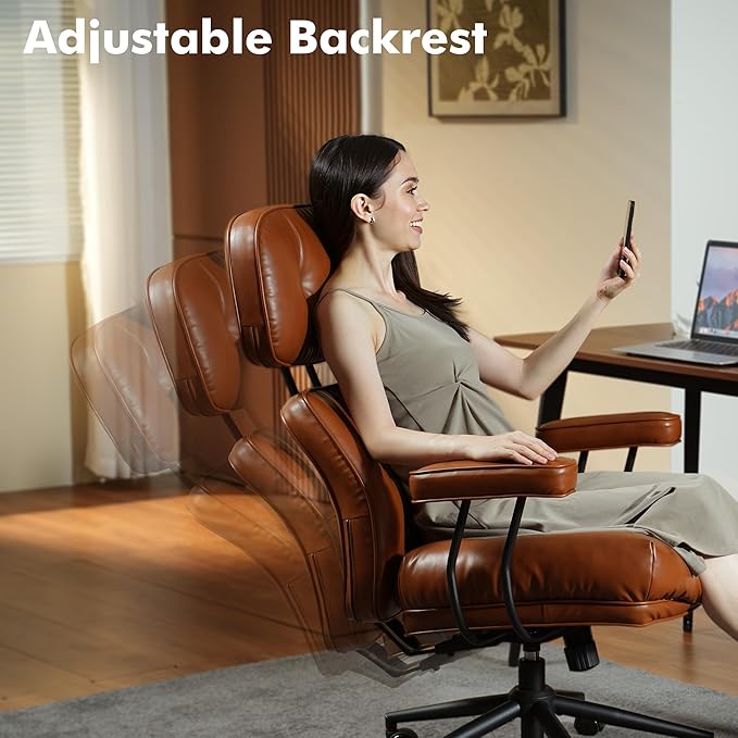 High Back Executive Office Chair with Comfortable Deep Seat,Brown PU Leather Modern Office Chair,Ergonomic Big and Tall Computer Desk Chair with Lumbar Support(Light Brown)