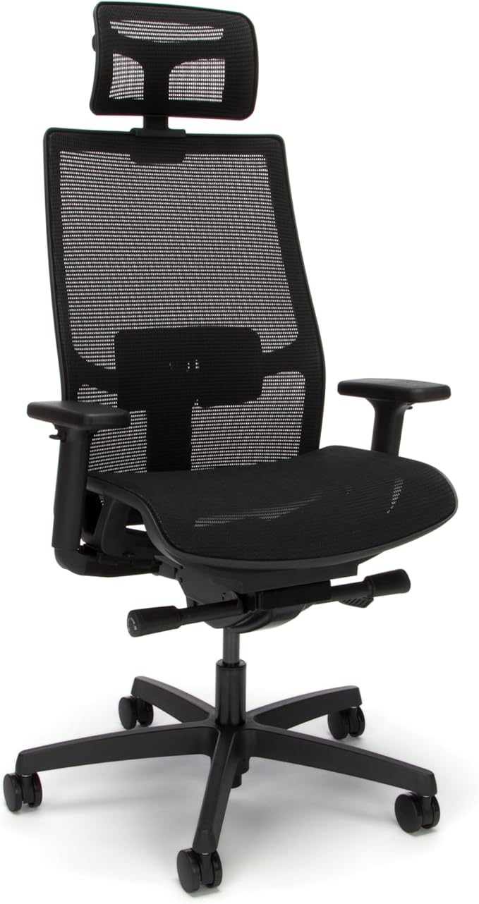 HON Ignition 2.0 Ergonomic Office Chair with Headrest, Mesh Desk Chair with Lumbar Support, Synchro‑Tilt Recline, Height and Width Adjustable Arms, Swivel Wheels, Black Frame, Black