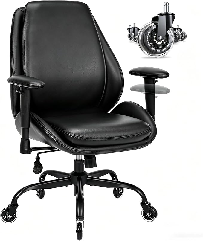 BEWISHOME Office Chair with Rubber Wheels, Big and Tall Office Chair, Ergonomic Office Chairs, Executive Desk Chair, Black PU Leather Computer Comfy Chairs with Lumbar Support, Adjustable Armrests
