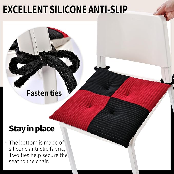 Office Stacking Chair Cushions 4 Pack, Corduroy High Density Foam Kitchen Seat Cushions with Ties, Square 17" x 17" Indoor Non-Slip Dining Chair Pads, Black+ Red，4pcs