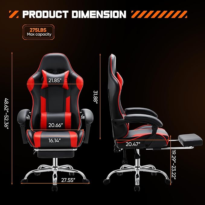 DUMOS Gaming Office Desk Chair with Footrest and Headrest for Adults, PU Leather Ergonomic Video Computer Chair with Linkage Armrests, Height Adjustable 360° Swivel Recling Chair, New Red
