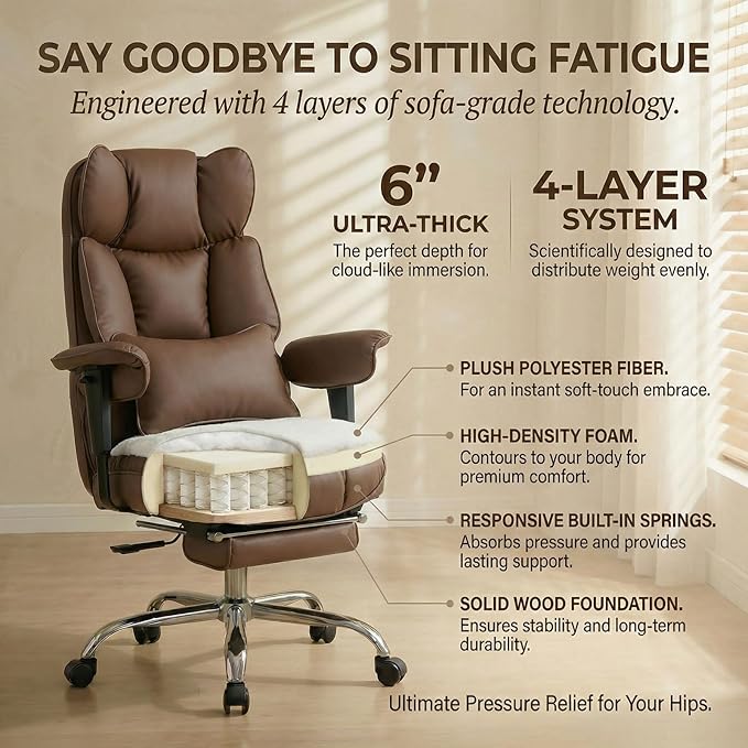 Efomao Big and Tall Office Chair 400lbs - Heavy Duty Reclining Desk Chair with Footrest, Spacious High Back PU Leather Executive Office Chair, Double-Layer Spring Support, Brown