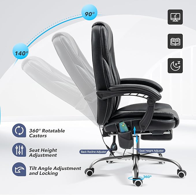TonghuaS Massage Office Chair with Foot Rest Vibration and Heating, 90-130° Reclining Desk Chair, Ergonomic Reclining Computer Gaming Leather Chair(Black)