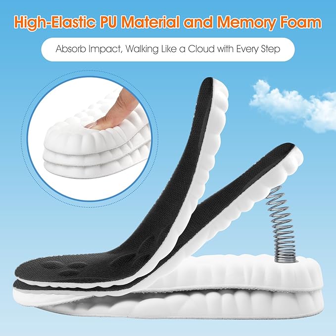 4D Cloud-Like Comfort Soles for Men - Soft Memory Foam Cushioning Insoles - Trim to Fit Steppers Insoles with Arch Support for Foot Pain Relief and Fatigue Reduction (Black, US M 8-11.5)