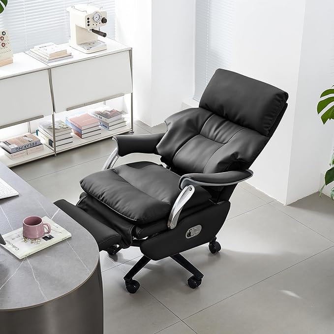 EMIAH Ergonomic Office Chair with Foot Rest Electric Executive Office Chair Reclining with Massage Big and Tall High Back Computer Chair with Wheels, Sustainable Leather（Black）