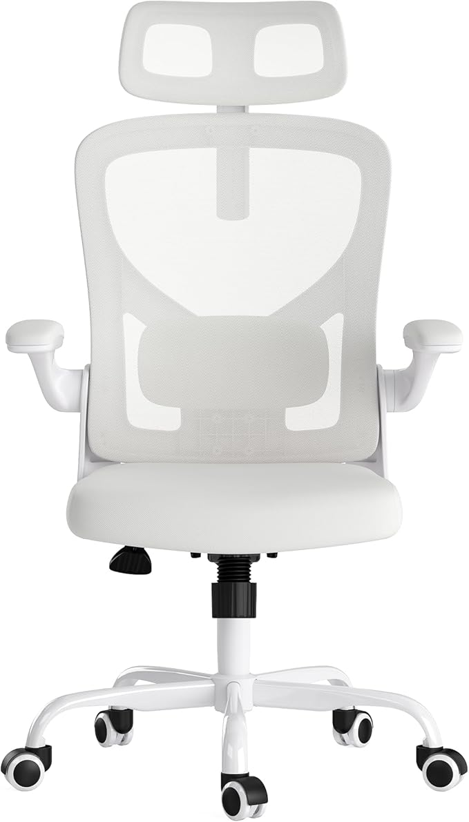 JOSHEN Breathable Mesh Elegance Office Chair, Modern Refined Office Chair with Adjustable Lumbar & Headrest, Minimalist Single Sofa Chairs for Home Office & Study, White