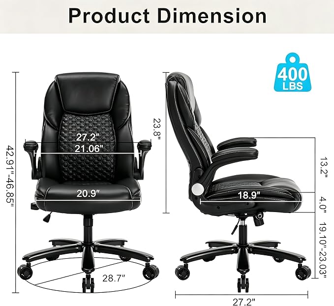 Big and Tall Ergonomic Office Chair, Executive Office Chair with Flip-up Arms, PU Leather Computer Desk Chair, Adjustable Lumbar Support Heavy Duty Space Saving Task Chair