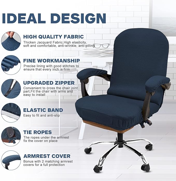 NeColorLife Office Chair Cover with Armrest Covers Stretchable - Zippered High Back Seat Cover for Extra Large Executive Desk Chairs,Big Tall Man (X-Large Size, Navy Blue)