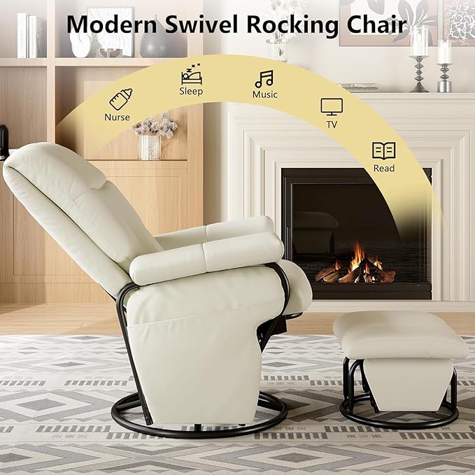 AODAILIHB 360° Swivel Glider Recliner with Ottoman, Nursing Glider Rocking Chair with Foot Rest & 2 Side Pockets for Nursery, Living Room, Bedroom, Office, White