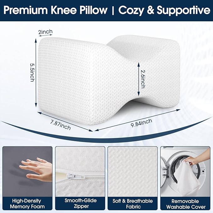 BlissTrends Memory Foam Knee Pillow, Knee Pillow for Side Sleepers, Leg Pillows for Sleeping Blood Circulation, Elevation Pillow for Spine Aligning, Sciatica, Hip, Knee, Ankle Pain, White, Medium