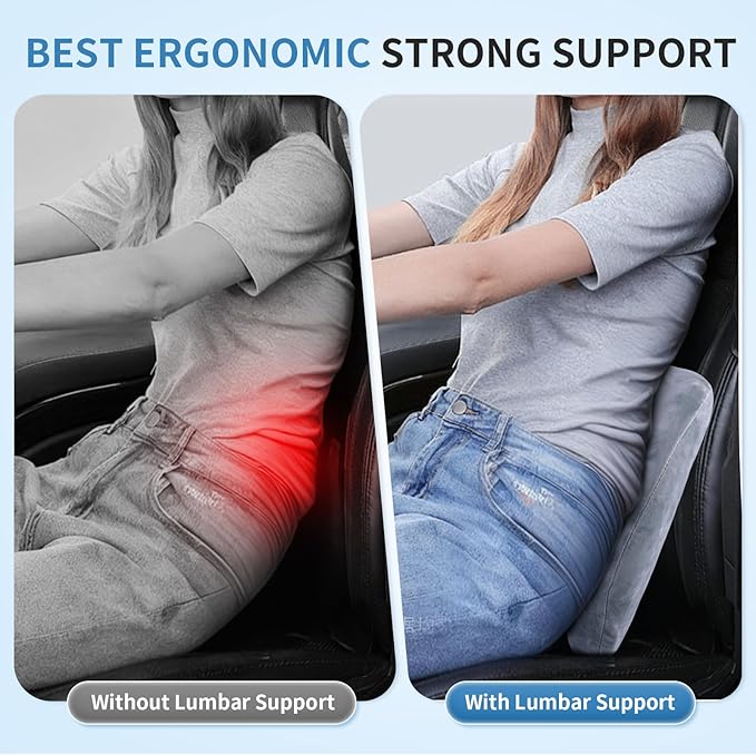 Lumbar Support Pillow for Car, Office Chair, and Gaming, Memory Foam Back Support Cushion for Lower Back Pain Relief, Ergonomic Design with Breathable Crystal Velvet Cover, Grey