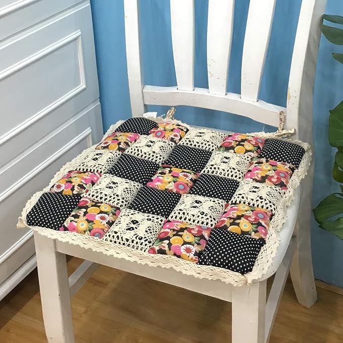 vctops Patchwork Chair Pad with Ties No Slip Lace Trim Chair Cushion Farmhouse Floral Print Kitchen Dining Seat Cushion (319 Black, 16"x16")
