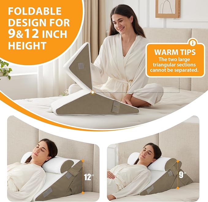Ruqmuis 3PCS Wedge Pillow Set for After Surgery, Adjustable 9&12 Inch Bed Wedge Pillow for Sleeping, Incline Pillow Wedge for Headboard, Post Surgery, Acid Reflux, Neck&Back Support, Brown
