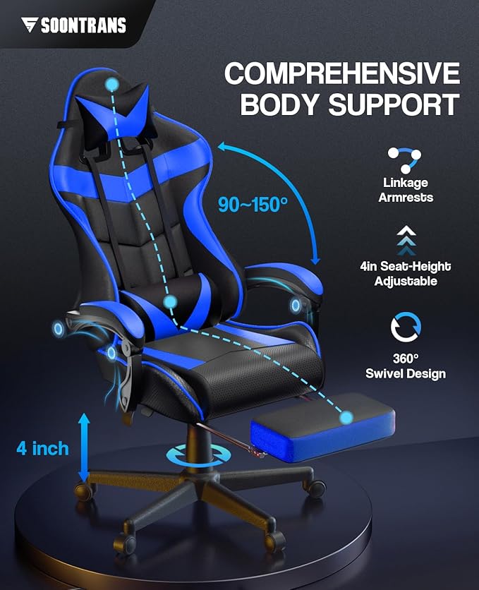 Soontrans Gaming Chair with Footrest,Computer Office Chair, Ergonomic Gamer Chair with Height Adjustment,Headrest and Lumbar Support Gamer Chair(Storm Blue)